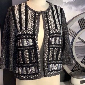 Chico’s Black Silver Metallic Embroidered Embellished Open Front Cardigan Sz 2/L